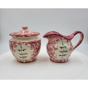 Ceramic Cream and Sugar Jars with Cover Combo Set Pink Marbled Mid-Century